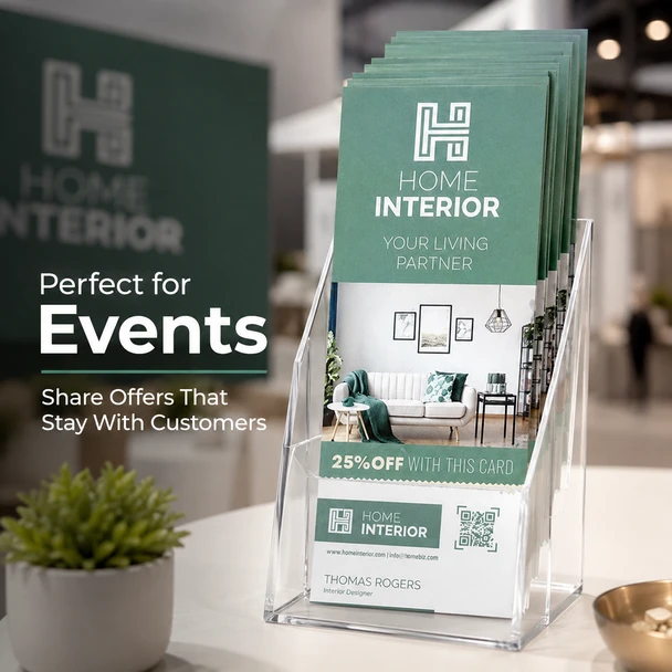 Stack of promotional RIP Cards displayed in a clear holder at an indoor event or trade-show booth.