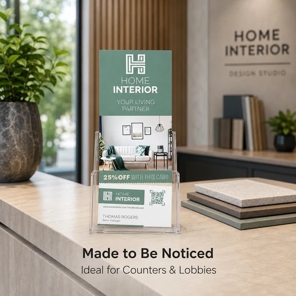 Home Interior RIP Card displayed upright in a clear countertop rack inside a design studio.