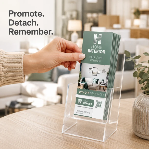 Hand removing a Home Interior RIP Card from a clear countertop display filled with matching cards.