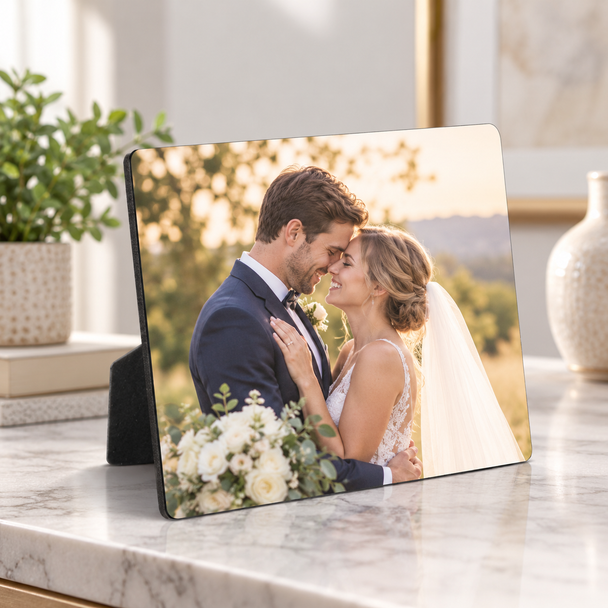 Personalized wedding photo plaque displayed on a tabletop with a built-in easel