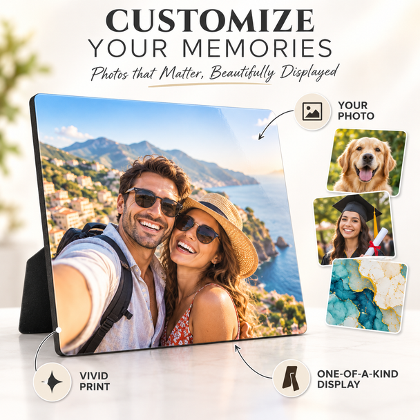 Personalized travel photo plaque with vivid custom printing and built-in tabletop display.