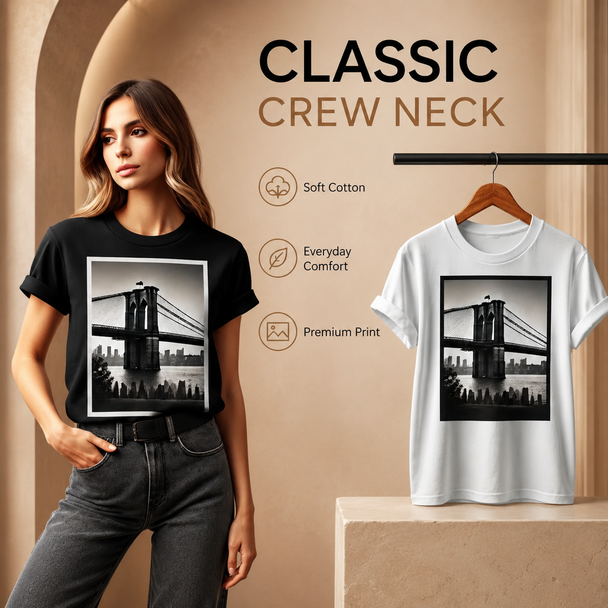 Woman modeling a black custom crew-neck T-shirt beside a white printed shirt