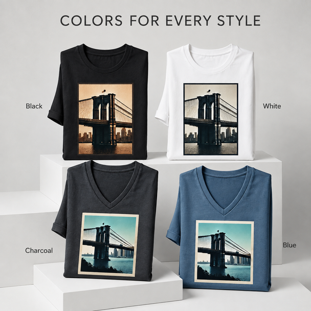 Custom crew-neck and V-neck T-shirts in black, white, charcoal, and blue