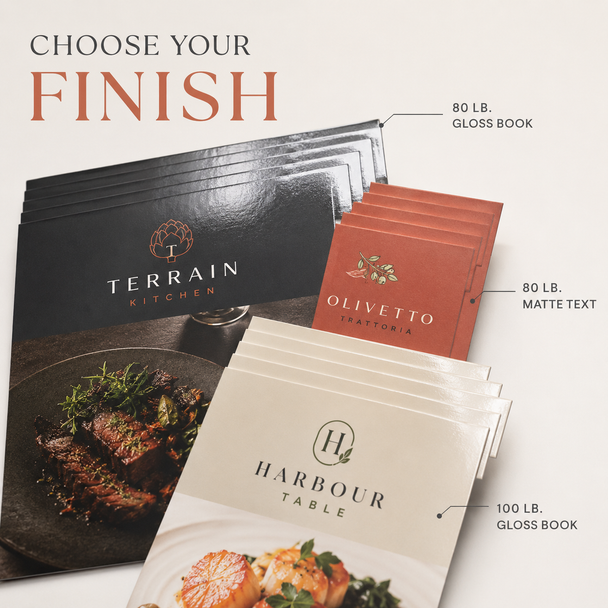 Restaurant staggered cut flyer samples displaying glossy and matte paper finishes for Terrain Kitchen, Olivetto Trattoria, and Harbour Table.