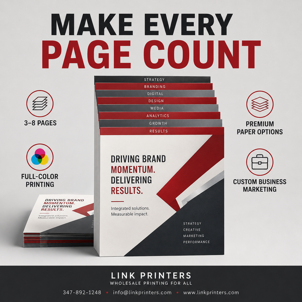 Link Printers marketing staggered cut flyers with eight labeled pages and icons for full-color printing, premium papers, and business marketing.