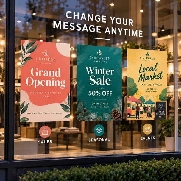 Three storefront window clings advertising a grand opening, winter sale, and local market event.