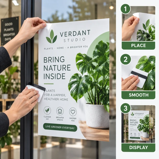 Verdant Studio botanical window cling being placed and smoothed onto glass, with three illustrated installation steps.