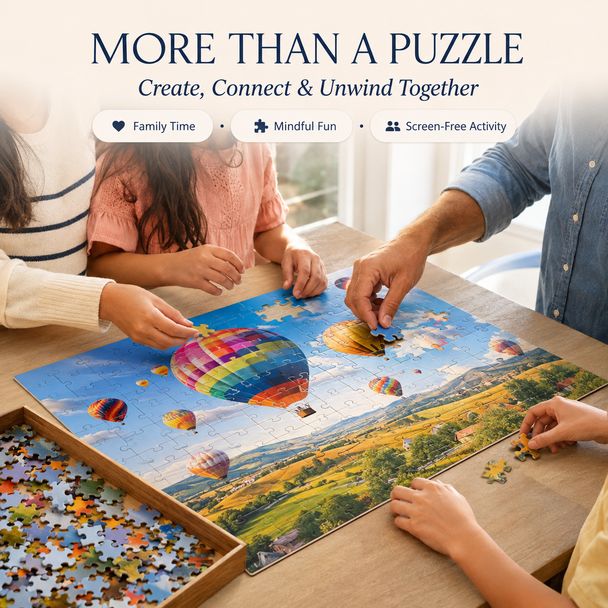 Family assembling a colorful hot-air-balloon puzzle together at a table.