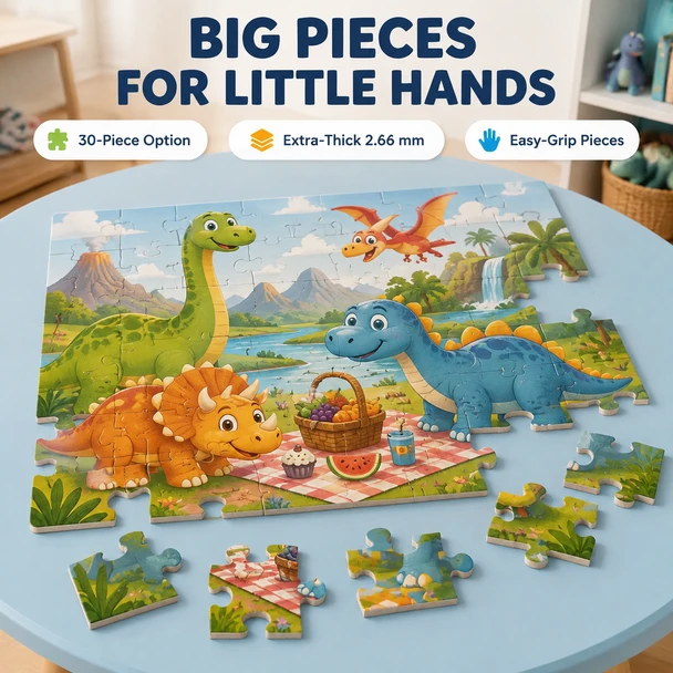 Children’s dinosaur puzzle featuring large, easy-grip 2.66 mm pieces.