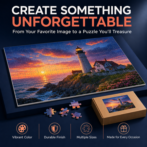 Personalized lighthouse photo puzzle displayed with loose pieces and a matching storage box.
