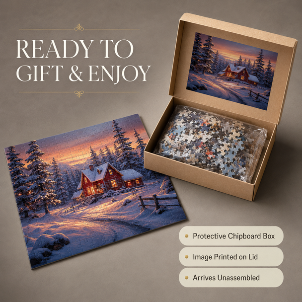Winter landscape photo puzzle with loose pieces inside an image-printed chipboard box.