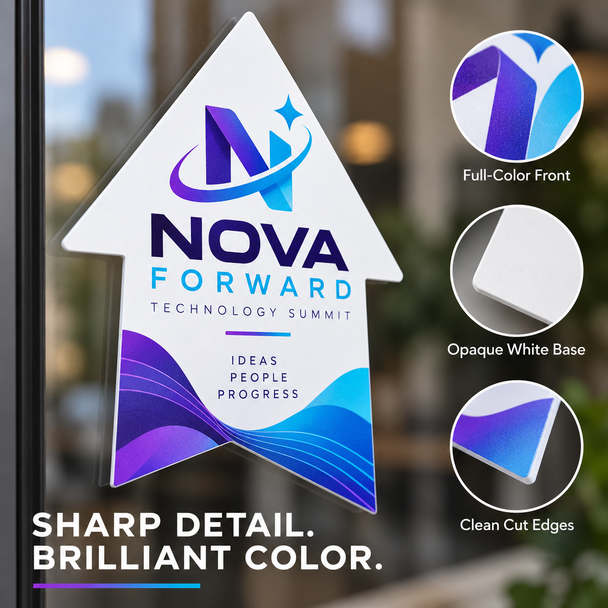 Arrow-shaped Nova Forward technology window cling with close-up views of its printed surface, white backing, and cut edge.