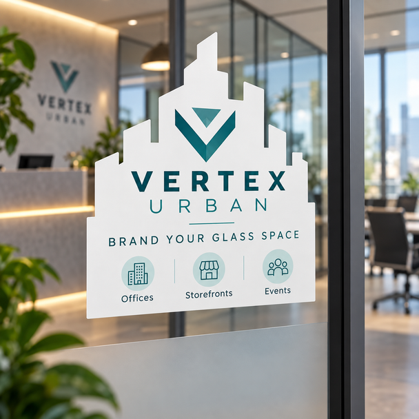 Apartment-shaped Vertex Urban window cling with teal branding displayed on modern office glass.