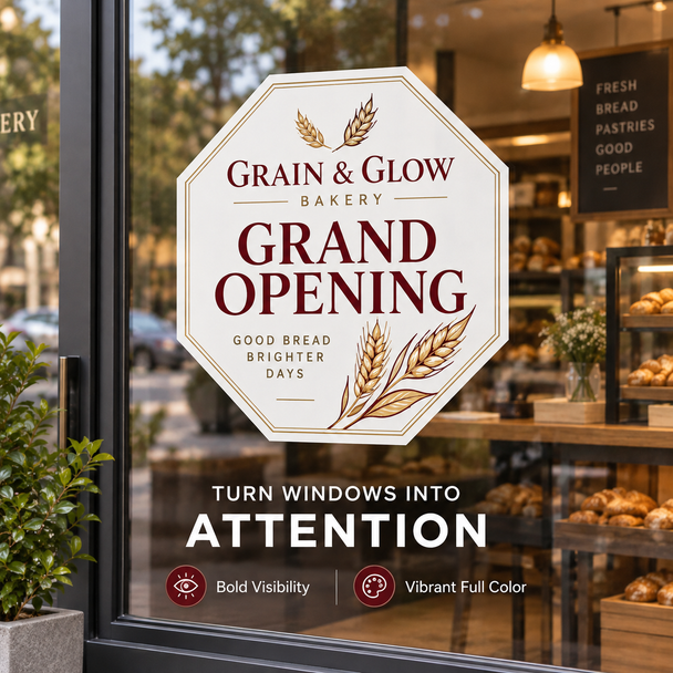 Octagon-shaped Grain and Glow Bakery grand-opening window cling displayed on a glass storefront entrance.