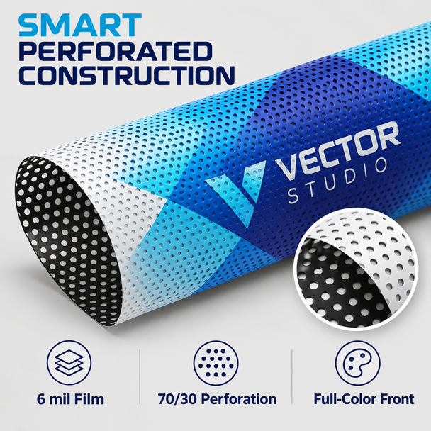 Rolled Vector Studio perforated window film with a close-up view of the 70/30 perforation pattern.