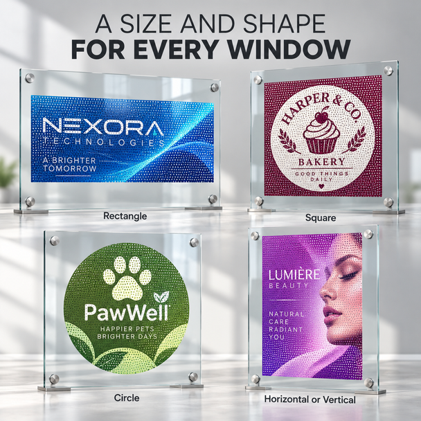 Rectangle, square, circle, horizontal, and vertical perforated window decal designs displayed on clear glass panels.
