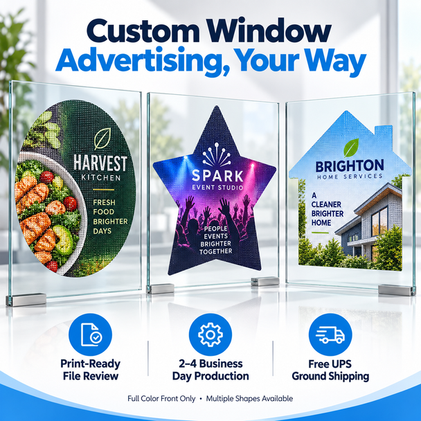 Oval, star, and house-shaped custom window decals featuring restaurant, event studio, and home-services designs on glass panels.