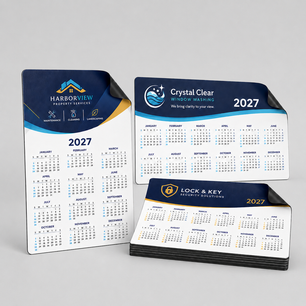 Three custom 2027 magnetic calendars in vertical and horizontal layouts with branded designs and rounded corners.