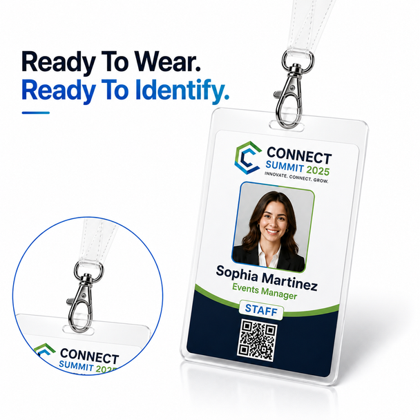 Full-color event identification tag attached to a clear lanyard loop, with a close-up of the metal clasp.
