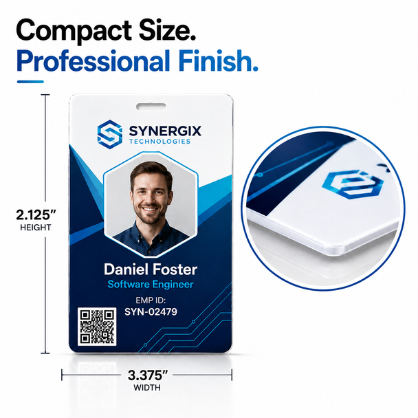 Custom 3.375" × 2.125" plastic identification tag with employee photo, QR code, slot, and close-up of the glossy finish.