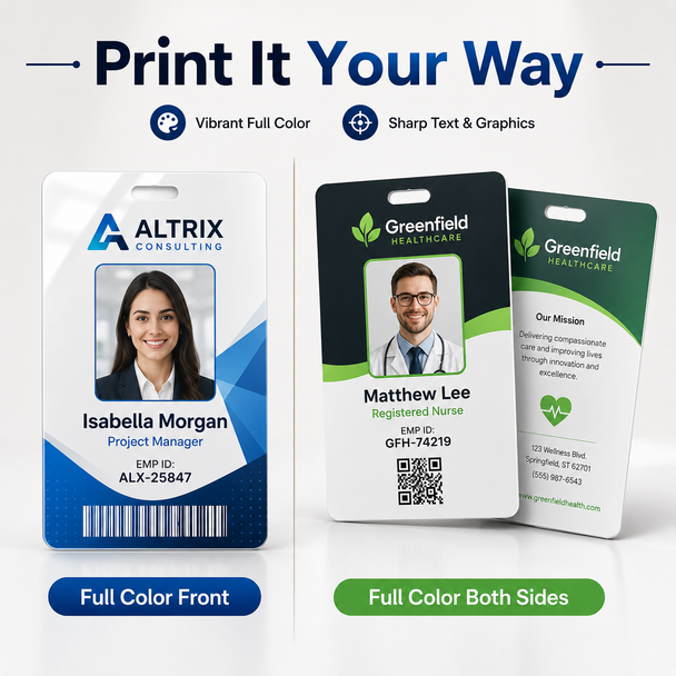 Custom plastic identification tags showing full-color front-only and full-color two-sided printing options.