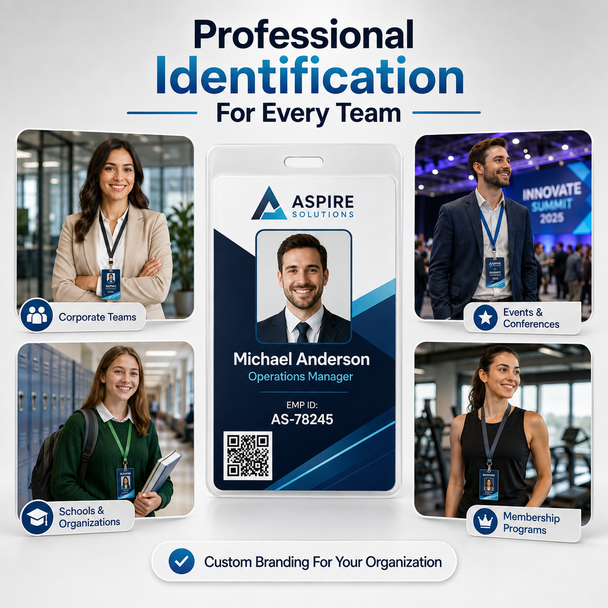 Custom employee identification tag surrounded by examples for corporate teams, events, schools, and membership programs.
