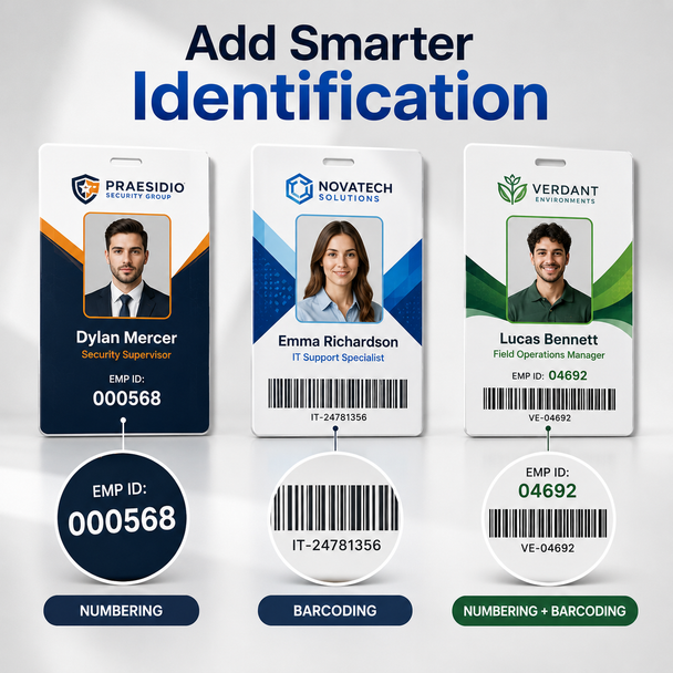 Three personalized identification tags demonstrating consecutive numbering, barcode printing, and combined numbering with barcoding.