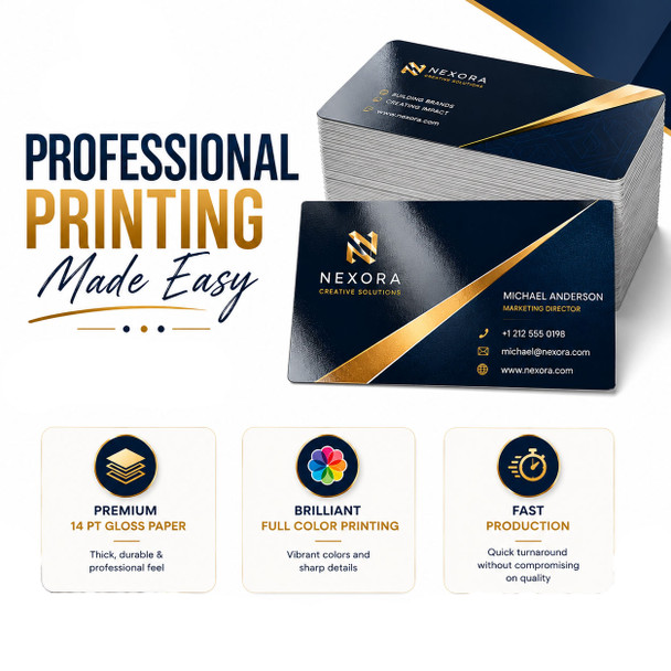 Stacked navy and gold glossy business cards with feature panels for 14 pt. gloss paper, full-color printing, and fast production