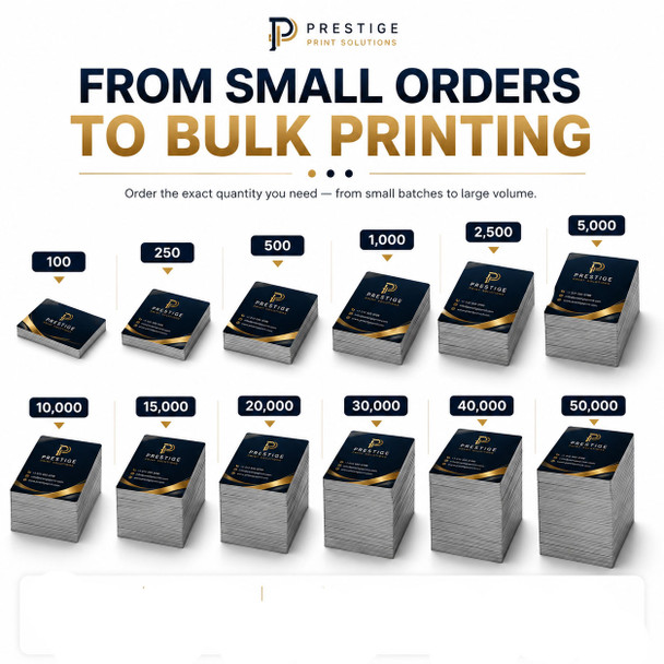 Stacks of glossy business cards illustrating order quantities from 100 to 50,000 pieces