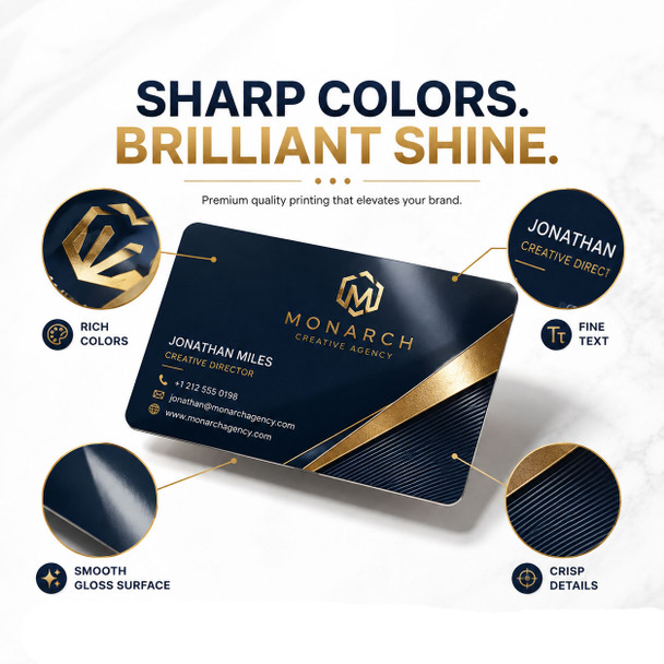 Navy and gold glossy business card with close-up views of rich colors, fine text, smooth surface, and printed details