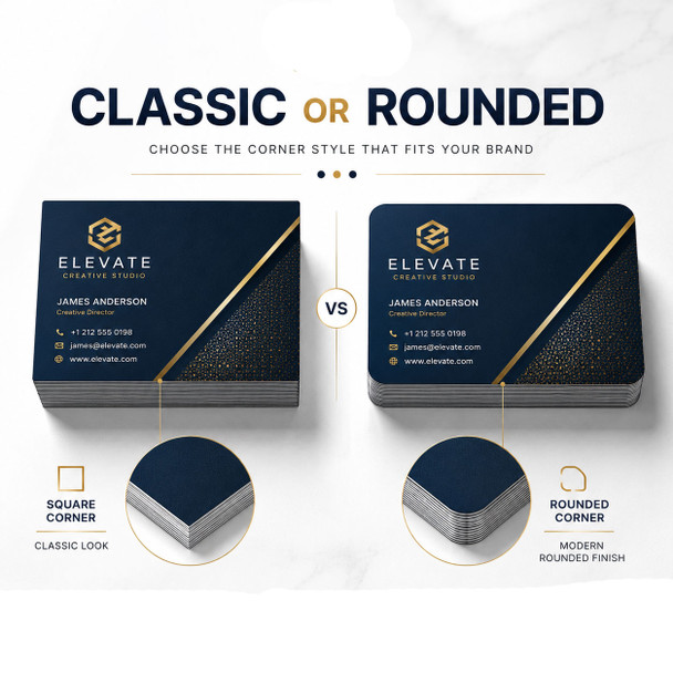 Side-by-side comparison of glossy business cards with square corners and rounded corners