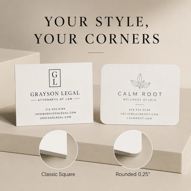 Square and rounded-corner uncoated business cards featuring legal and wellness branding.