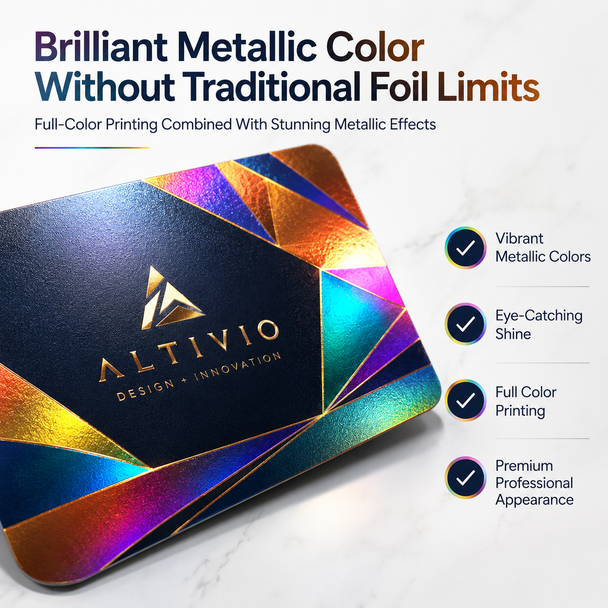 Custom Akuafoil business cards with sparkling multi color metallic foil effect