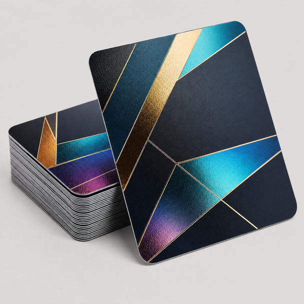 Custom Akuafoil business cards with sparkling multi color metallic foil effect