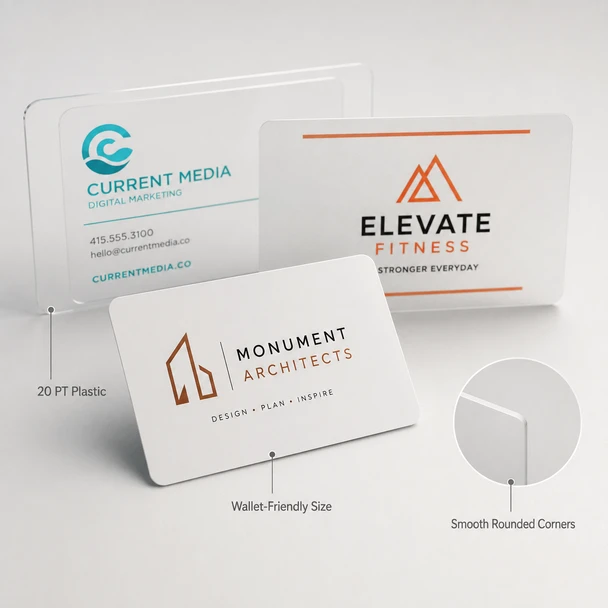 Custom 20 pt plastic business cards with smooth rounded corners and wallet-friendly dimensions