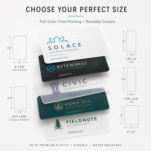 Plastic business card size guide showing five standard, European, and slim card dimensions
