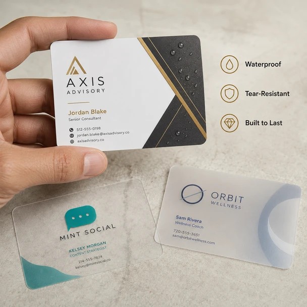 Hand holding a custom plastic business card beside waterproof, tear-resistant, and durable card examples