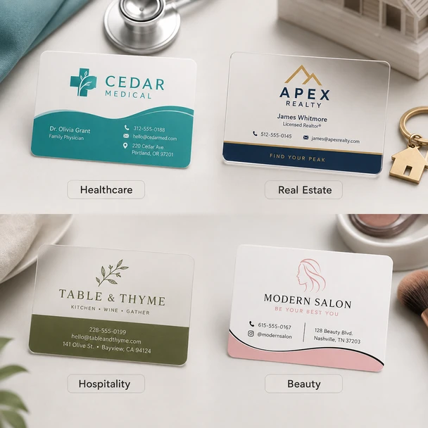 Custom plastic business cards created for healthcare, real estate, hospitality, and beauty businesses.