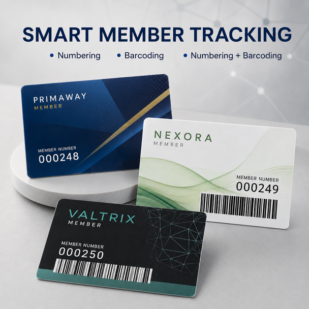 Three custom membership cards display sequential numbering, barcoding, and combined number-and-barcode tracking options.