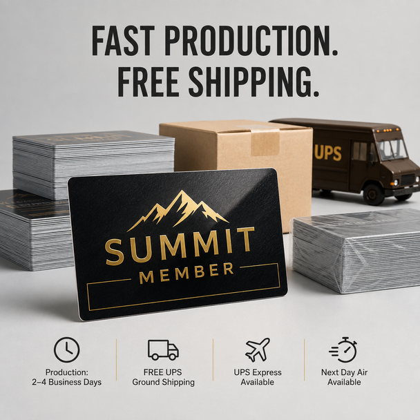 Packaged Summit membership cards beside a shipping box and UPS truck, highlighting 2–4-day production and available delivery services.