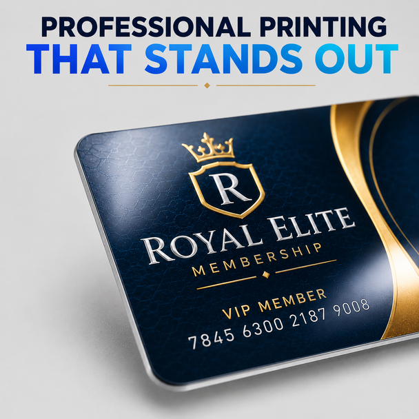 Close-up of a navy and gold Royal Elite VIP membership card with a printed member number.