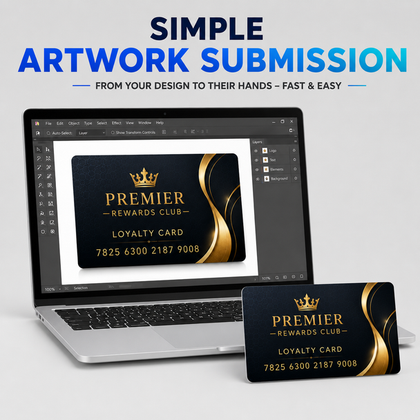 Premier Rewards loyalty card beside a laptop displaying its design artwork.
