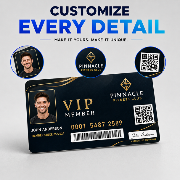Pinnacle Fitness Club VIP card design featuring a member photo, number, barcode, QR code, and signature area.