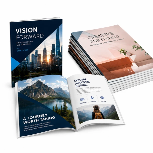 Open spread view of glossy high resolution custom booklet catalog pages
