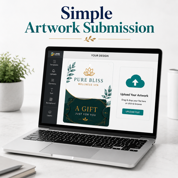 Laptop displaying a gift card holder design beside an artwork upload area