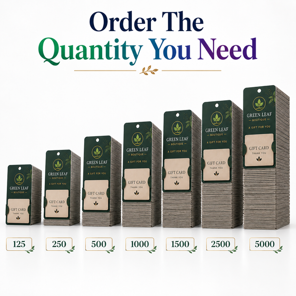 Stacks of Green Leaf Boutique gift card holders labeled with quantities from 125 to 5,000.