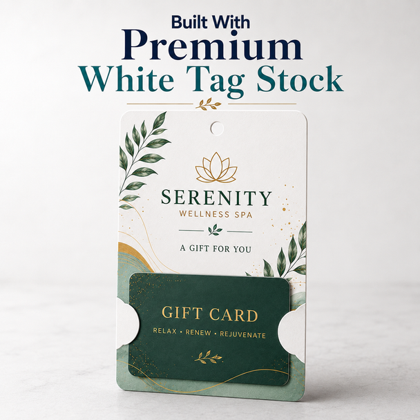 White and green Serenity Wellness Spa gift card holder displaying a matching green gift card.