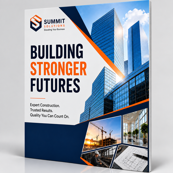 Custom construction display board featuring modern buildings, project photography, blue and orange branding, and the headline “Building Stronger Futures.”