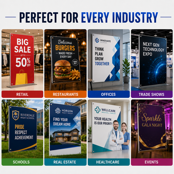 Custom display boards used across retail, restaurants, offices, trade shows, schools, real estate, healthcare, and special events.