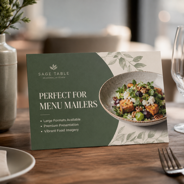 Large-format Sage Table restaurant postcard featuring vibrant food photography for premium menu mailers.
